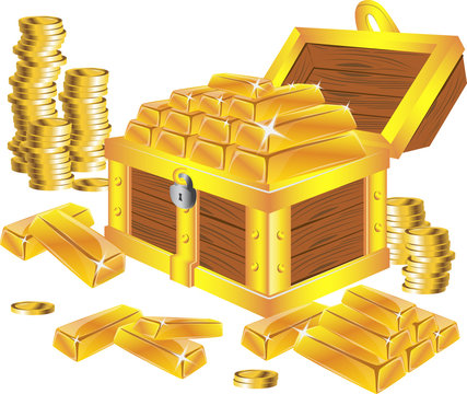 stack of golden bars in chest with coins isolated on white, vector illustration