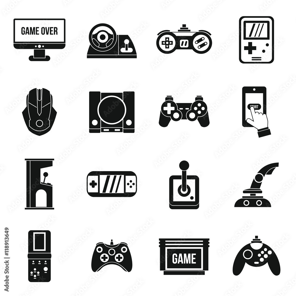 Aufkleber video game icons set in simple style. entertaining devices set collection vector illustration