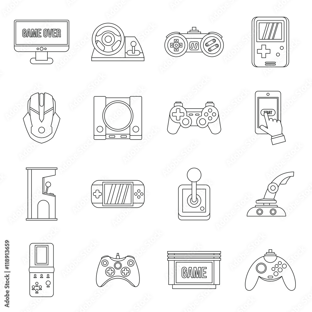 Poster video game set in outline style. entertaining devices set collection vector illustration