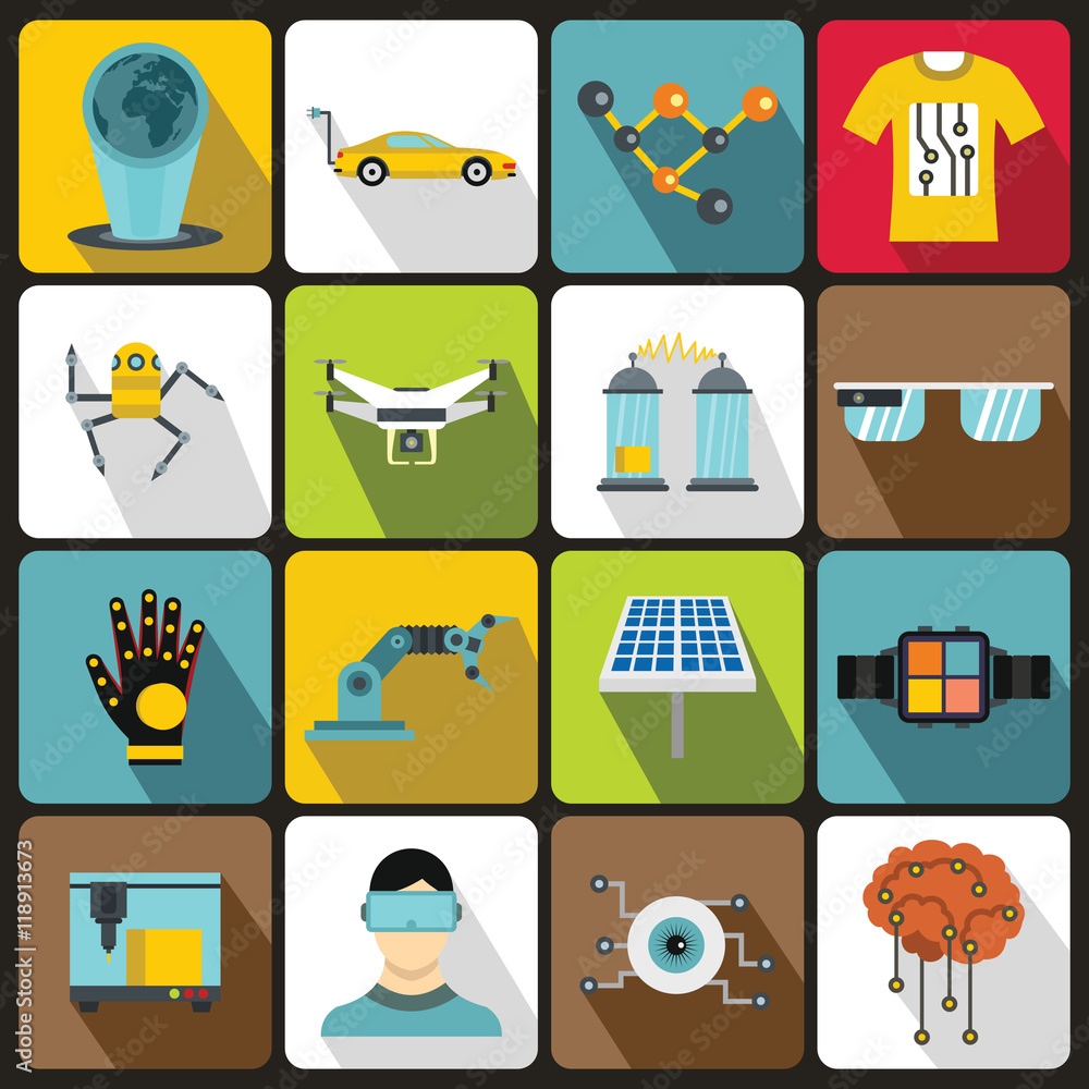 Poster new technologies icons set in flat style. innovative app and gadget set collection vector illustrati