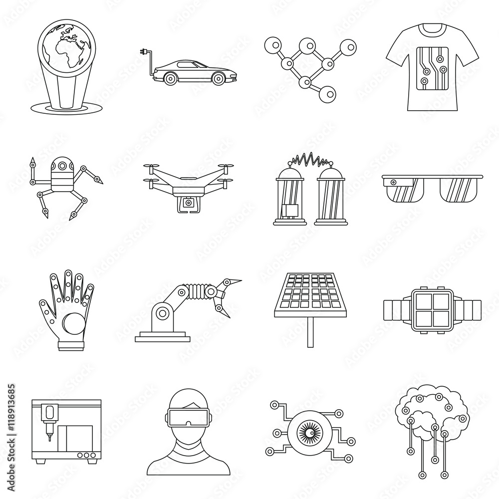 Poster new technologies set in outline style. innovative app and gadget set collection vector illustration