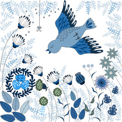 Vector illustration fantasy flowers, bird, and nest.