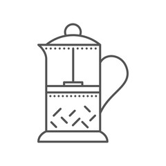 Glass teapot for hot coffee and tea. French press flat icon. Kitchen equipment. Vector outline illustration isolated on white background. Thin line style.