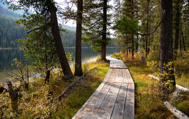 Obraz premium Wooden boardwalk along Rakhmanovskoe lake in East Kazakhstan, Altai mountains 