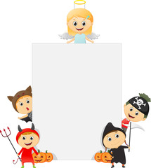 Happy Kids Wearing Halloween Costume with a blank sign