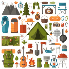 Camping and Hiking Equipment Set - obrazy, fototapety, plakaty