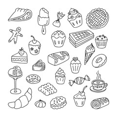 Set doodles elements bakery, puncakes and desserts