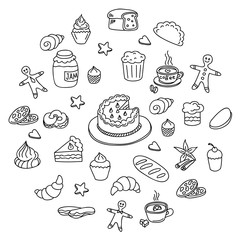 Set doodles elements bakery, puncakes and desserts