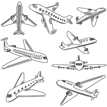 Set of doodle airplanes. Hand draw icons