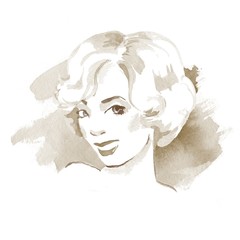 Blonde woman. Beautiful female face. Watercolor.  Retro style