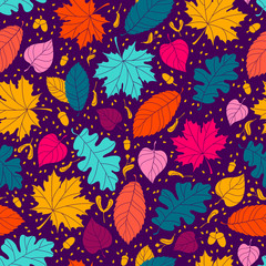 Autumn seamless pattern with seeds and leaves