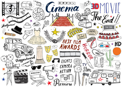 Cinema and Film Industry Set. Hand Drawn Sketch, Vector Illustration.