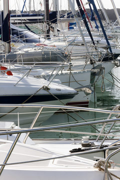 Many sailboats moored at port