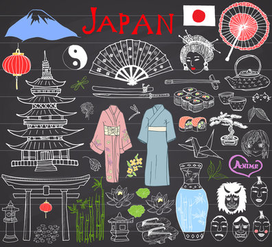 Japan doodles set. Hand drawn sketch vector illustration.