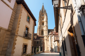 Oviedo old town center and Holy Saviour Cathedral tower