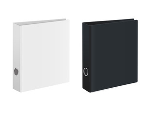 Blank closed office binder. Black and white covers. Isometric view, on white background. Vector illustration.