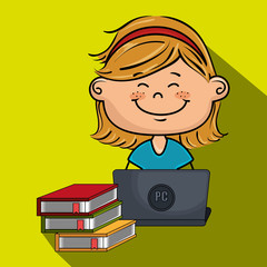 girl cartoon laptop books vector illustration design