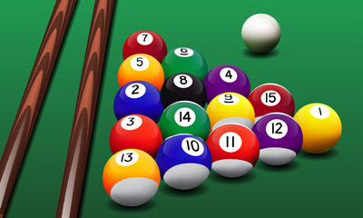 Vector billiard balls and cue on the table.