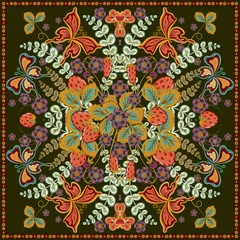 Fotobehang Decorative color floral background, strawberry pattern and ornate lace frame. Bandanna shawl fabric print, silk neck scarf, kerchief design, vector illustration. Tribal ethnic round decoration © leezarius