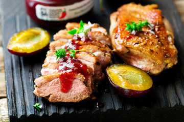 fried duck breast with plum sauce