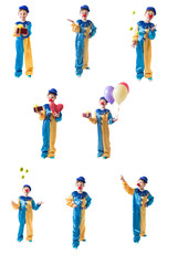 Set of pictures of little clown which gives gift, juggling balls, smiles, holding red heart and gives gift with balloons on a white background