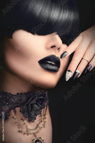 Fashion Model Girl With Black Gothic Hairstyle Makeup