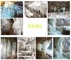 Set of pictures with falling water stream has formed ice crust on the background of rocks. Icicles.