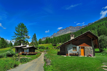 Fototapeta na wymiar Alpien houses with mountains background