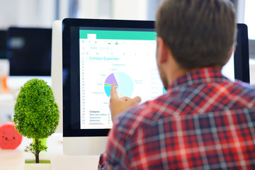 Rear View Of A Businessman in startup office Analyzing Graph On Computer