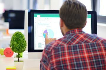 Rear View Of A Businessman in startup office Analyzing Graph On Computer