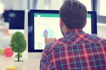 Rear View Of A Businessman in startup office Analyzing Graph On Computer