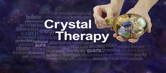 Crystal Therapy word cloud - female crystal therapist offering yellow stone from a selection of...