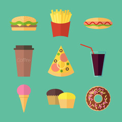 Fast food colorful flat design icons set.