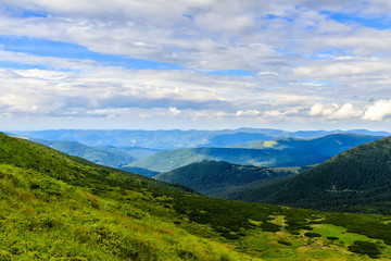 Fototapeta na wymiar Picturesque Carpathian mountains landscape, view from the height, Ukraine.
