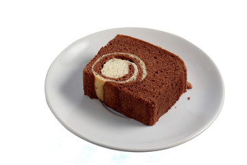 Fototapeta na wymiar belgium chocolate cake loaf focus on slice on wood with sackclot