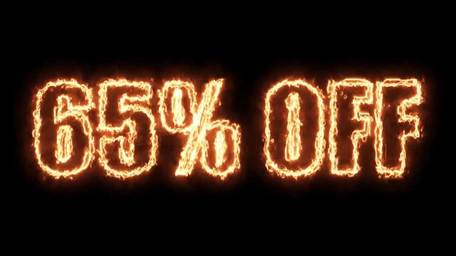 65 percent off burning text in hot fire on black background in 4k ultra hd