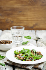 Green lentils mushroom arugula salad