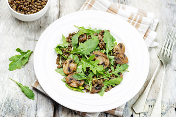 Green lentils mushroom arugula salad