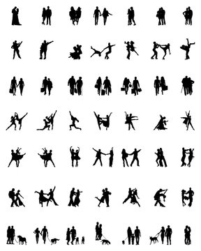 Black silhouettes of couples in various activities, vector