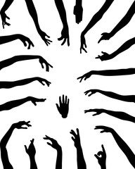 Silhouettes of hands in various positions, vector
