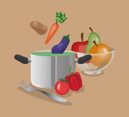 vegetables cooking pot fork organic healthy food restaurant kitchen icon. Colorful and Flat design. Vector illustration