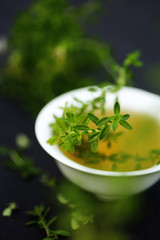 Fresh green thyme isolated on dark background