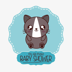 cat kawaii cartoon smiling baby shower icon. Colorful and seal stamp design. Vector illustration