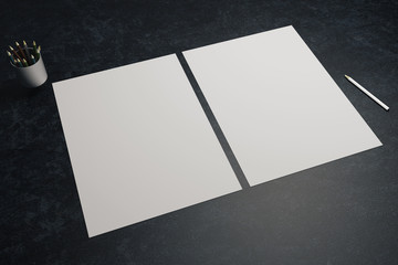 Pen, pencils and paper sheets