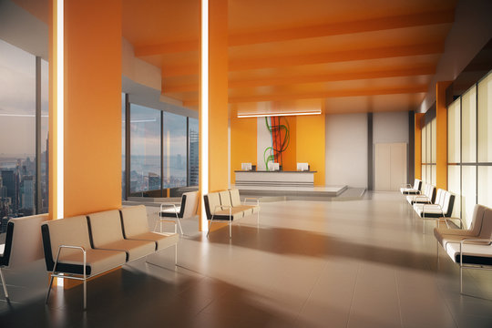 Orange lobby with NY view