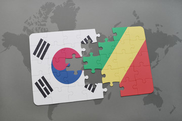 puzzle with the national flag of south korea and republic of the congo on a world map background.