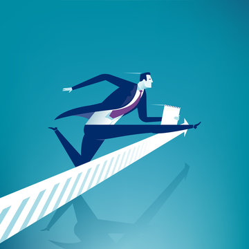 Hurdle race. Illustration of a manager jumping over arrow sign.