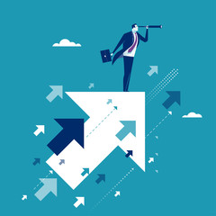 earching for opportunities. Businessman standing on flying arrows. Concept business illustration
