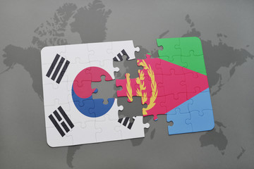 puzzle with the national flag of south korea and eritrea on a world map background.