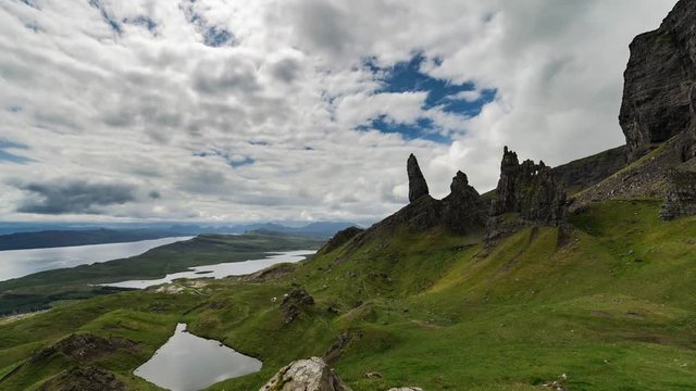 Fast Moving Patches of Sunlight over the Summit of the Old Man of Storr in Isle of Skye